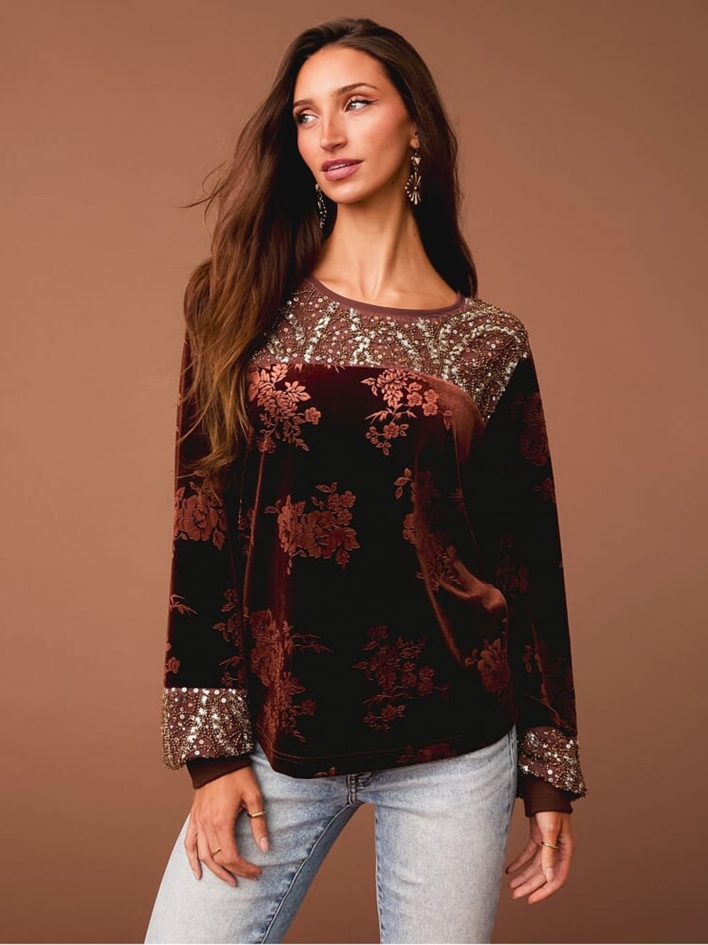 NWT Buckle Sterling & Stitch Long Sleeve Beaded Velvet Floral Top Sz M Western